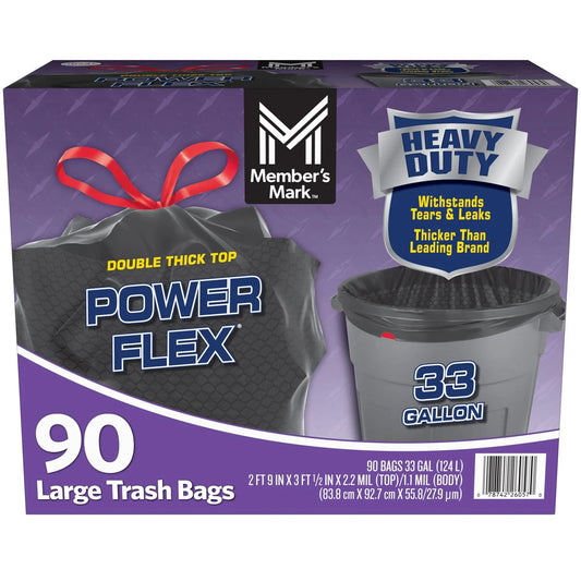 MEMBER'S MARK POWER FLEX 33-GALLON LARGE TRASH BAGS, 90 CT.