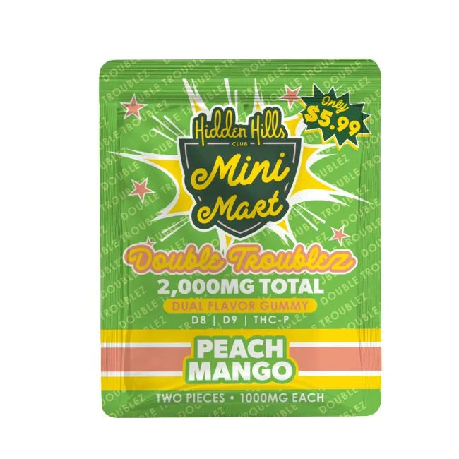 HIDDEN HILLS MINI MART DOUBLE TROUBLEZ |D8|D9|THCP| DUAL FLAVOR 2000MG GUMMIES 2CT/ 30PK DISPLAY