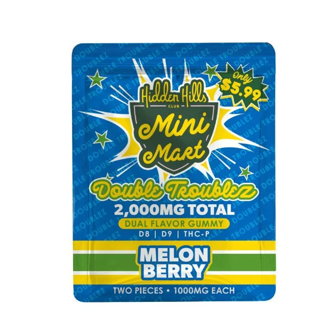 HIDDEN HILLS MINI MART DOUBLE TROUBLEZ |D8|D9|THCP| DUAL FLAVOR 2000MG GUMMIES 2CT/ 30PK DISPLAY