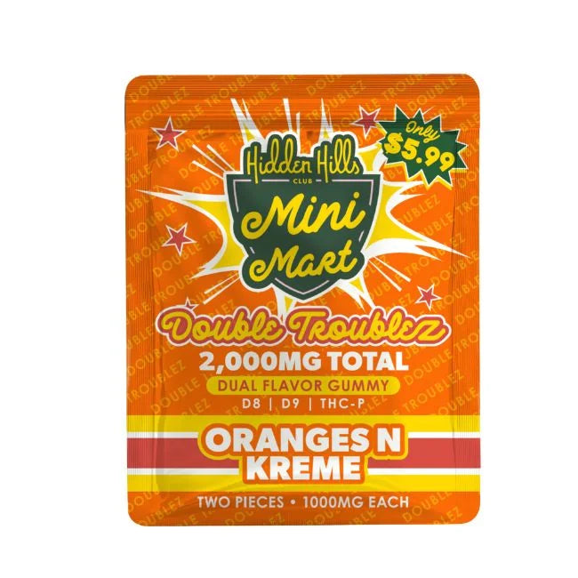 HIDDEN HILLS MINI MART DOUBLE TROUBLEZ |D8|D9|THCP| DUAL FLAVOR 2000MG GUMMIES 2CT/ 30PK DISPLAY