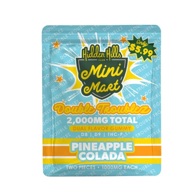 HIDDEN HILLS MINI MART DOUBLE TROUBLEZ |D8|D9|THCP| DUAL FLAVOR 2000MG GUMMIES 2CT/ 30PK DISPLAY