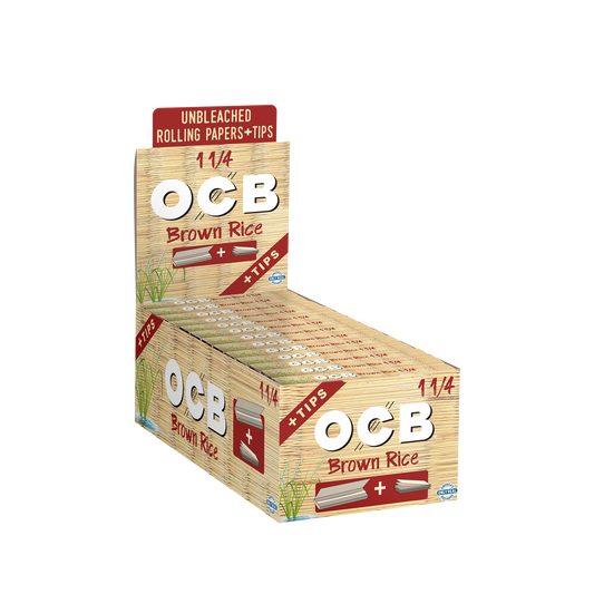 OCB - BROWN RICE 1 1/4 SIZE UNBLEACHED ROLLING PAPER + TIPS | 24CT/ BOX |