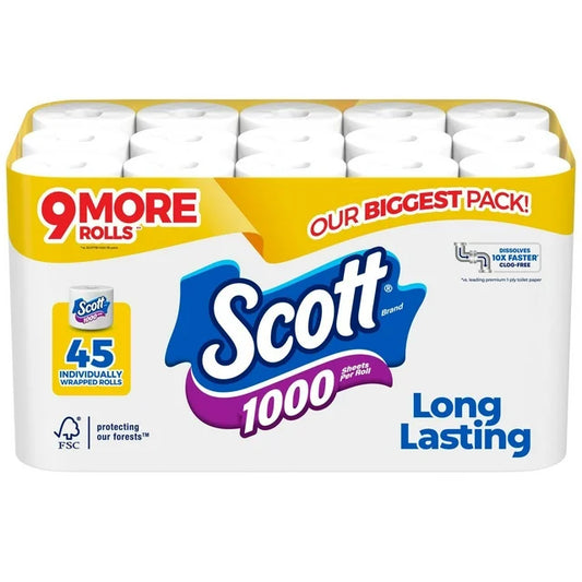 SCOTT  1000 1 - PLY TOILET PAPER 45 ROLLS, 1,000 SHEET/ROLL