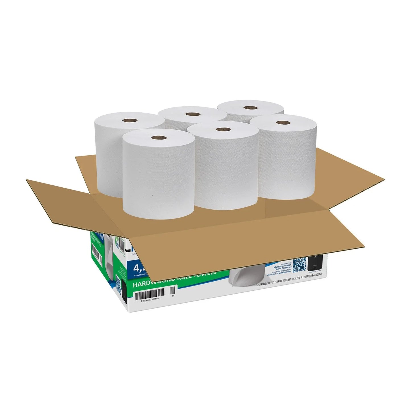 MARATHON HARDWOUND ROLL 1-PLY WHITE PAPER TOWELS - 6PACK ROLLS / BOX, 700FT ROLL